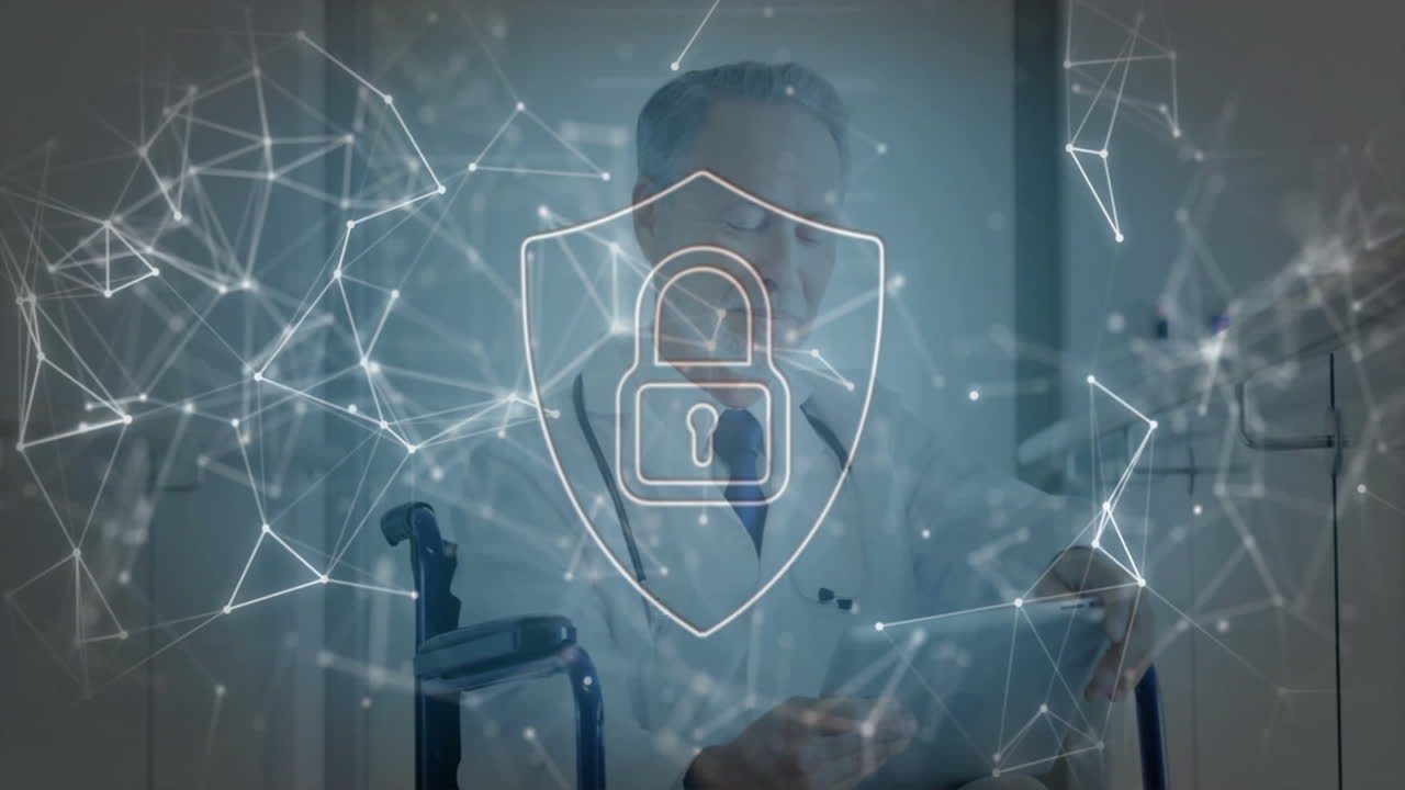 Senior male doctor tapping tablet, showing digital network with padlock overlay in healthcare