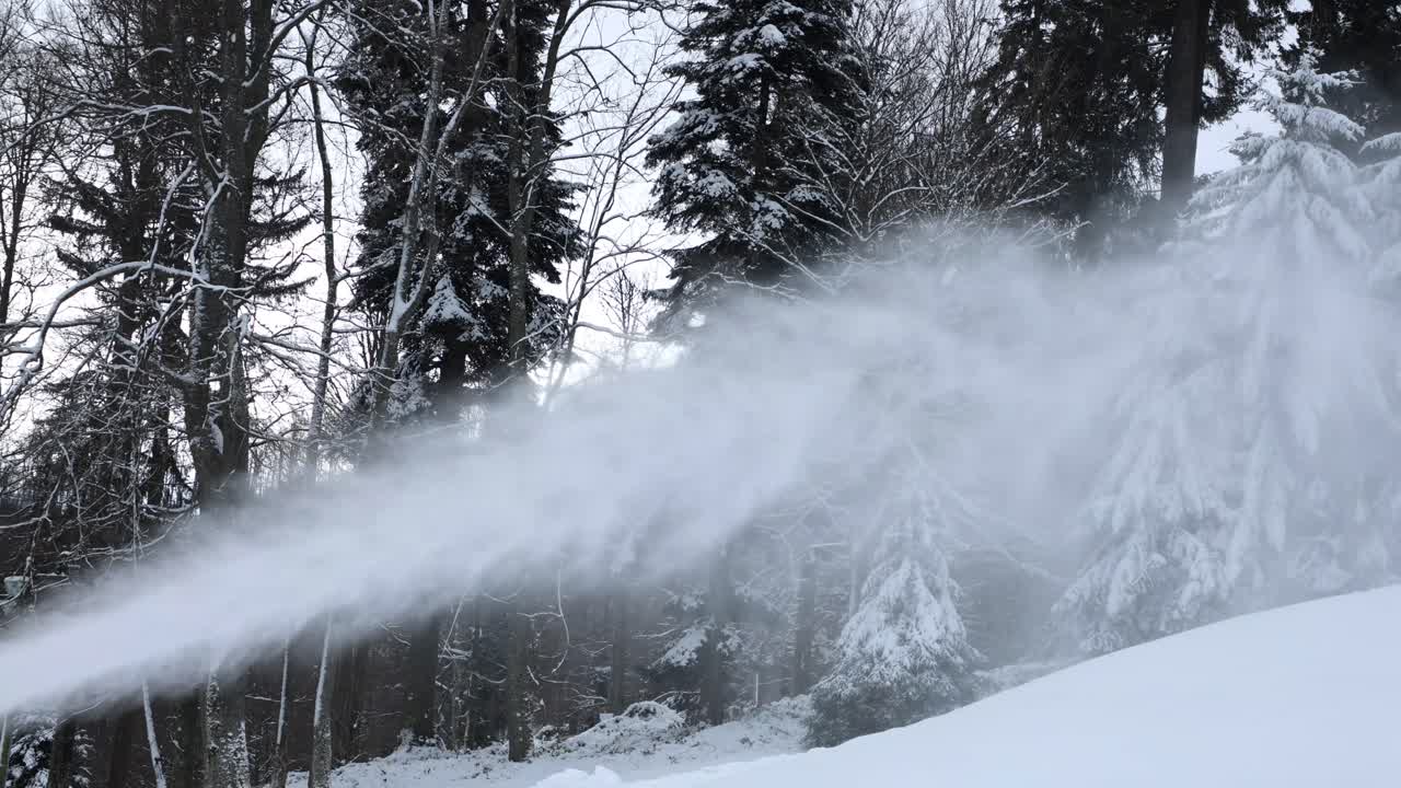 Snow cannons cover the downhill ski slopes of Zagreb's Medvednica mountain
