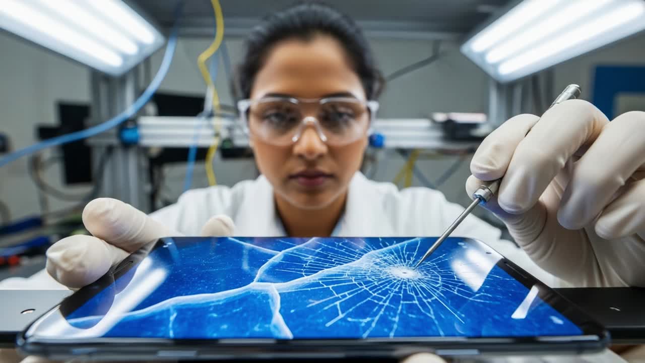 A focused technician meticulously repairs a cracked smartphone screen in a modern laboratory, using precision tools under bright illumination, showcasing expertise in electronics repair and tech innovation