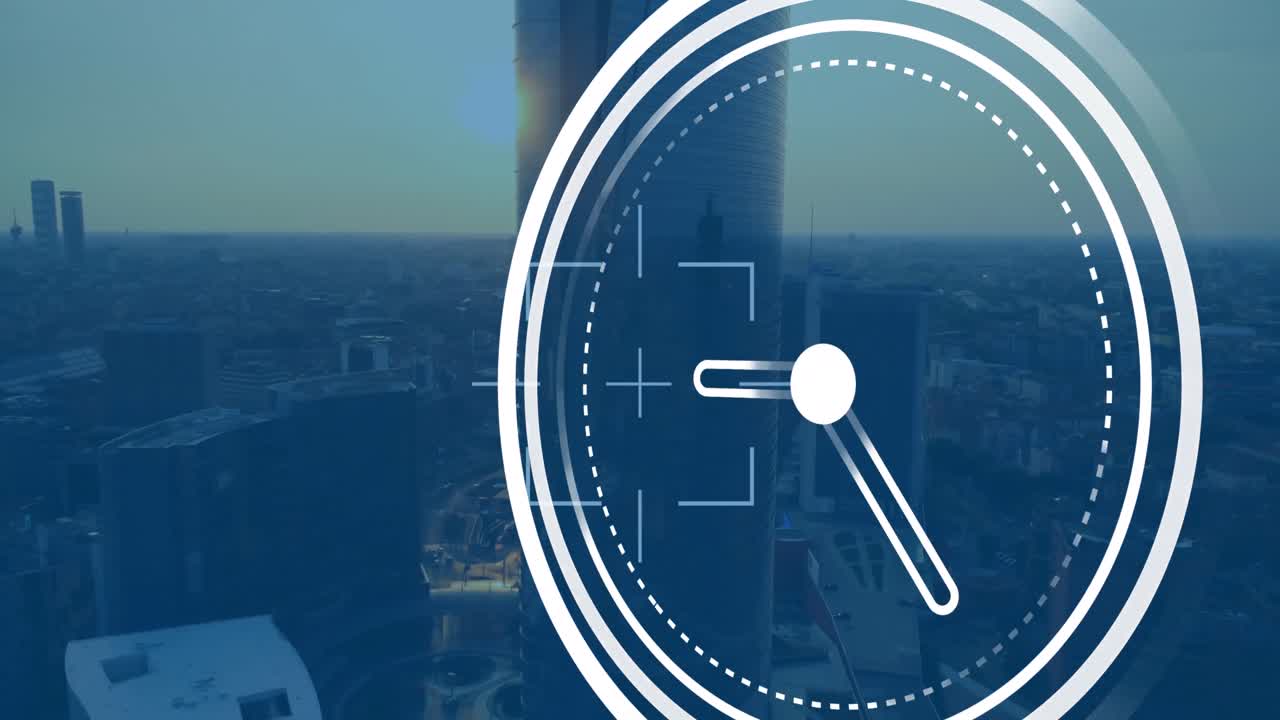 Animation of scope over ticking clock icon against aerial view of cityscape