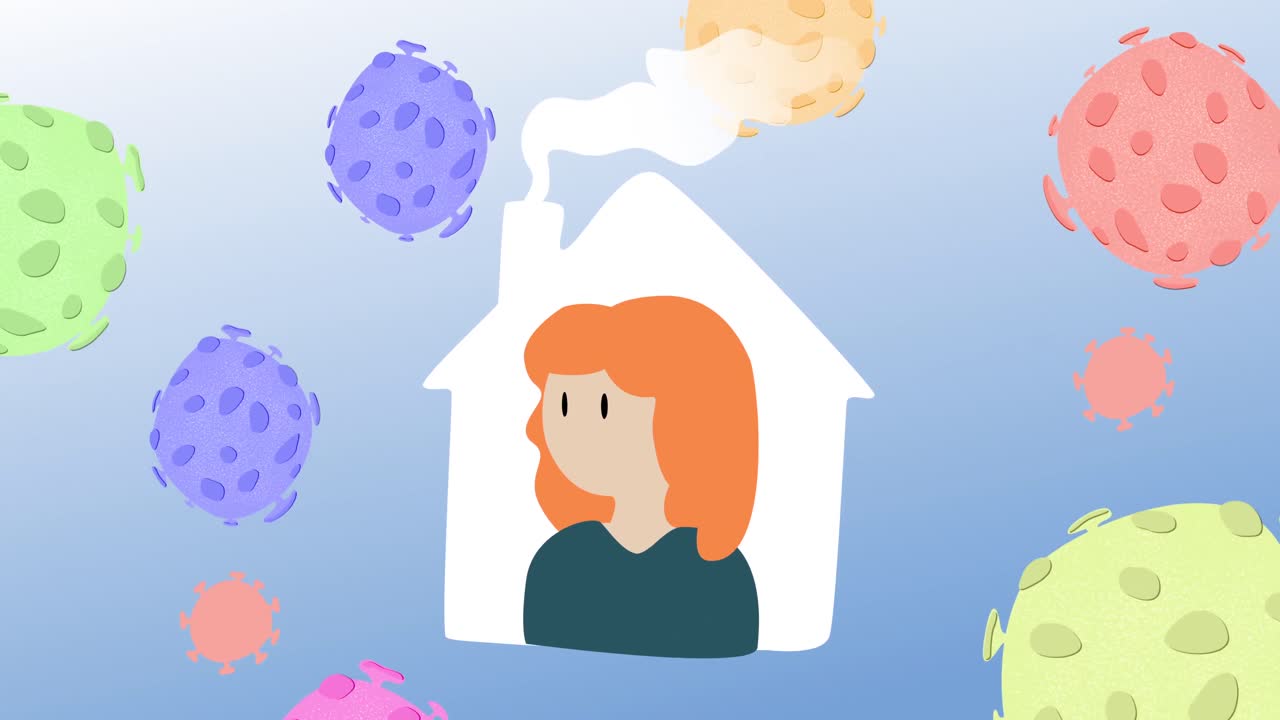 푸른 배경에 떠다니는 거대 코로나바이러스 코로나19 세포와 함께 집에 있는 사람의 애니메이션