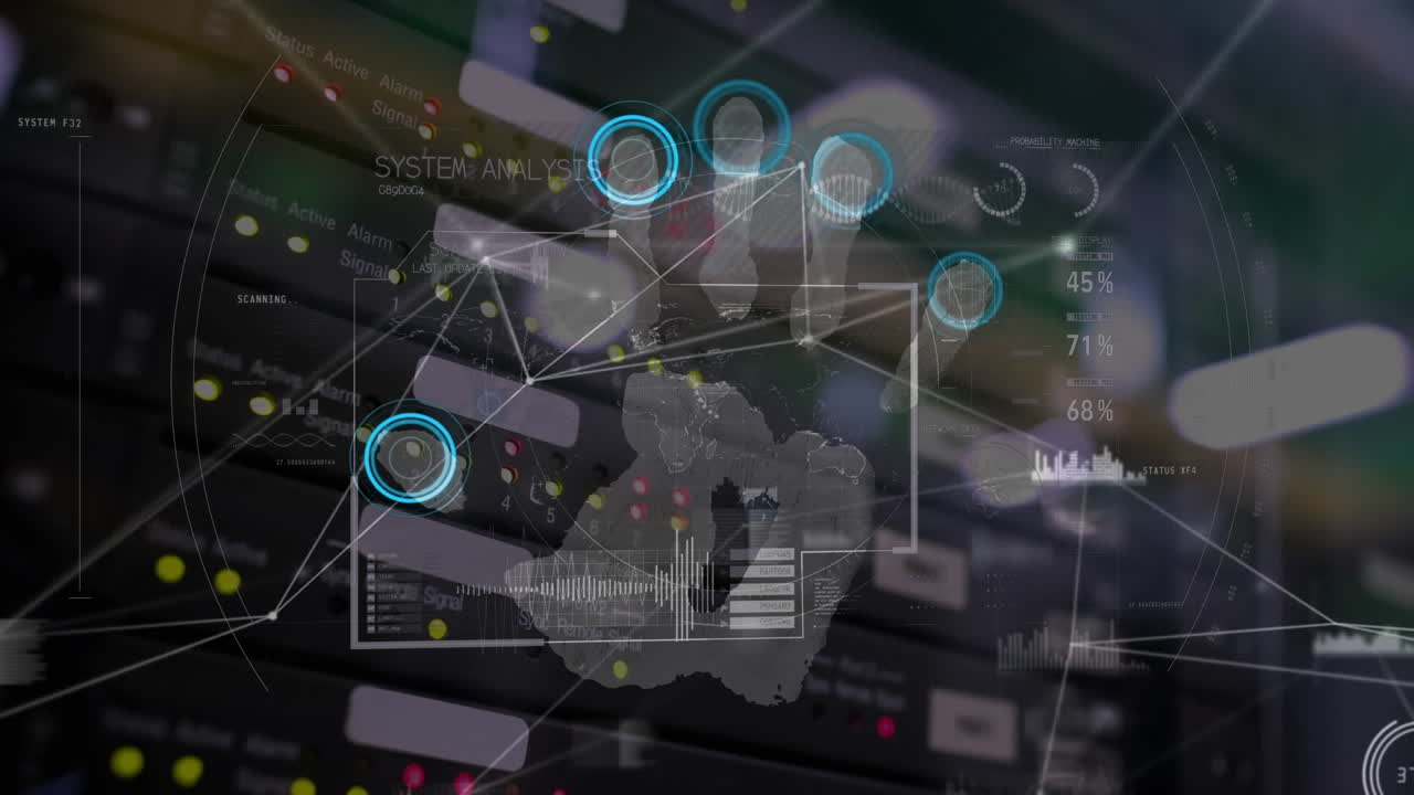 animación de la red de conexiones y procesamiento de datos sobre un fondo oscuro