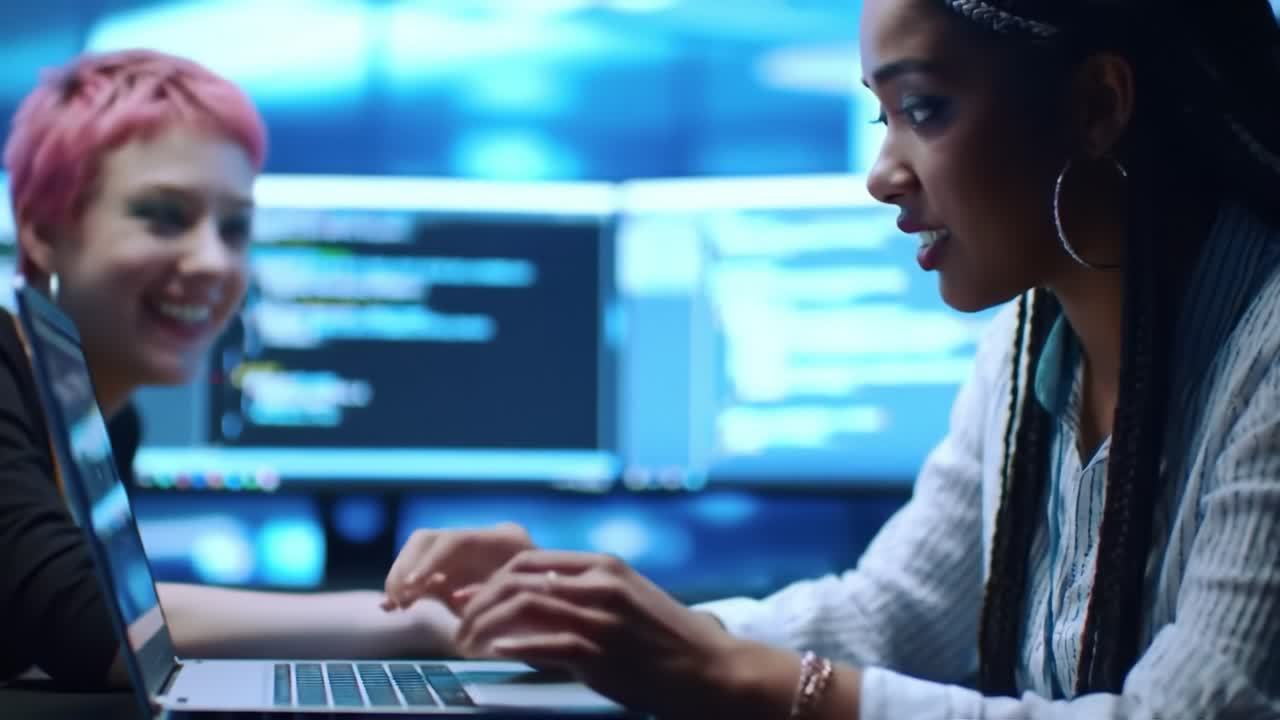 Two Women Collaborate on a Coding Project in a High-Tech Environment, Focused on Problem-Solving and Digital Solutions with Screens Displaying Code Behind Them