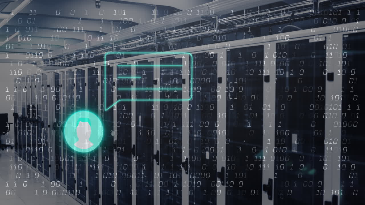 animación de iconos de neón y perfil contra la codificación binaria contra la sala de servidores de computadora