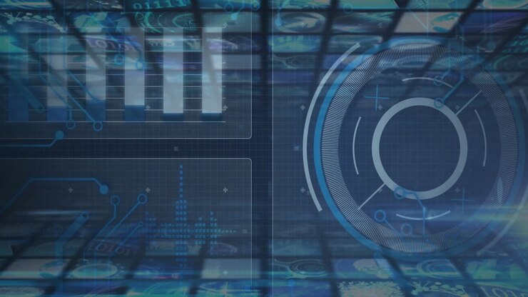 Digital data processing animation over futuristic interface with graphs and circular elements