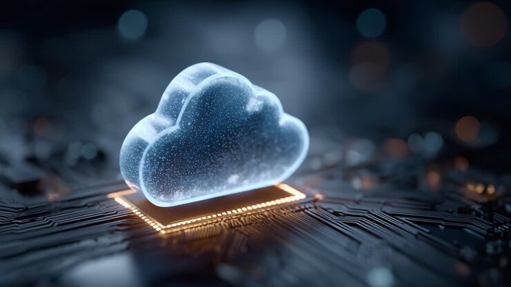 Visual Representation of Cloud Computing Technology Showcasing a Glowing Cloud Icon Superimposed on a Circuit Board, Signifying Digital Innovation and Data Storage Solutions