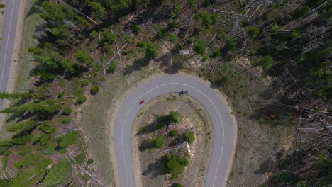 toma aérea ascendente de ciclistas en bicicleta por caminos sinuosos en colorado