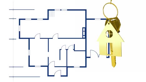 Animation-of-gold-house-key-fob-and-key-over-blue-floorplan-on-white-background