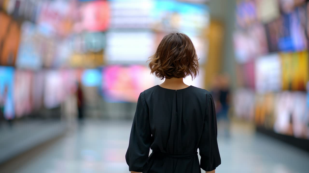 Woman exploring a digital art exhibition. A woman stands in front of colorful screens at a modern art exhibition, absorbing the vibrant visuals in the hall
