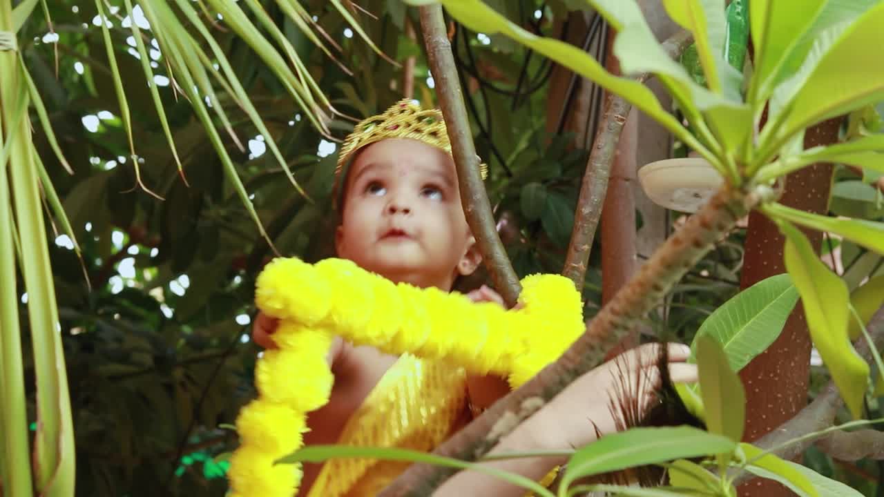 un bebé adorable vestido como el dios hindú Krishna con una linda expresión facial jugando en el árbol en Janmashtami