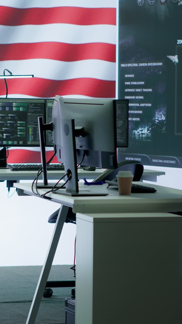 Vertical Video Empty army command center with big data presents the American flag