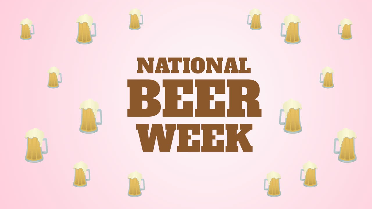 국가 맥주 주간 텍스트와 분홍색 배경에 여러 파인트의 맥주 애니메이션