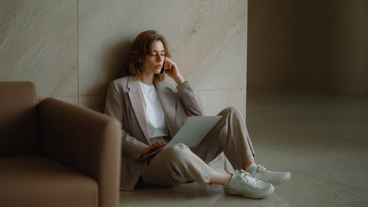 A Young Woman Deep in Thought While Using a Laptop and Taking a Phone Call in a Modern, Minimalistic Interior Space