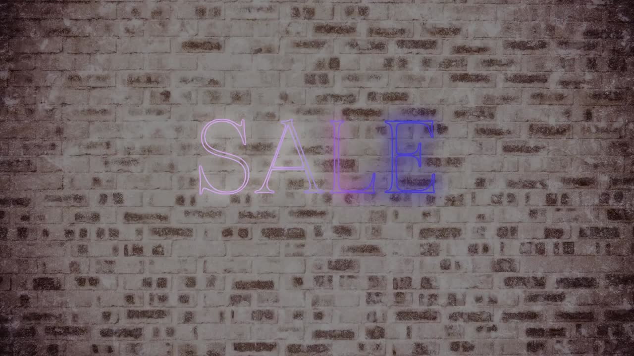 animación del texto de venta en neón púrpura y blanco que parpadea en el fondo de la pared de ladrillo
