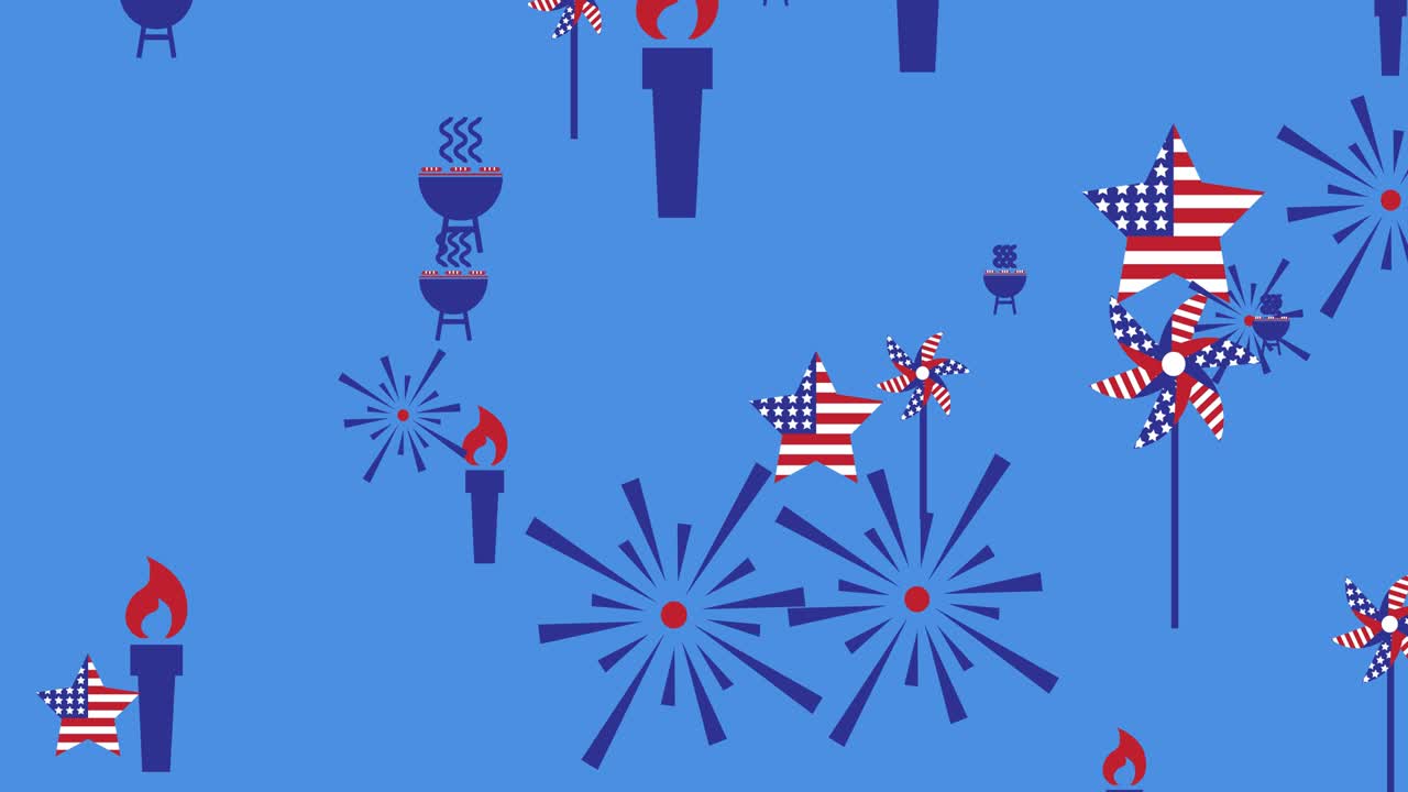 Animation of american flags and independence day icons moving over blue background