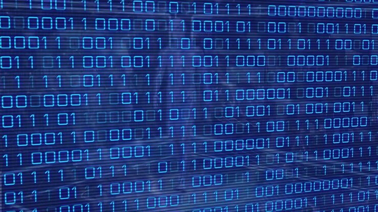 Animation of binary code and dna on navy background