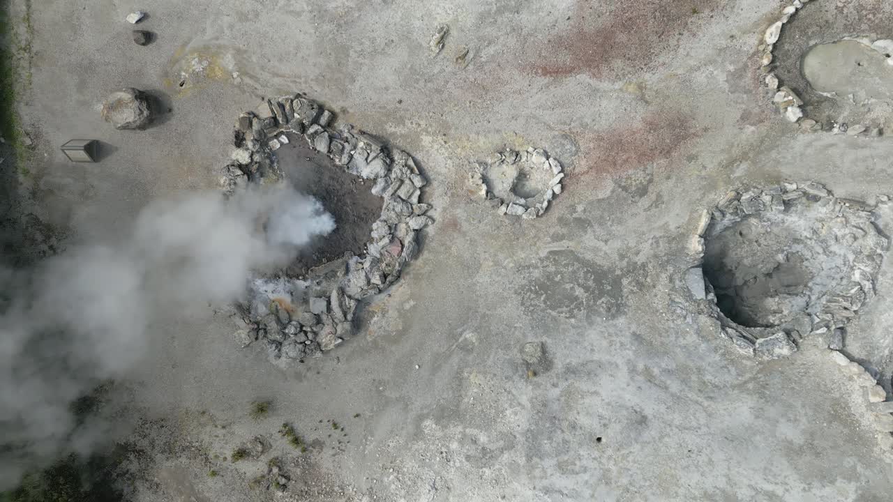 Furnas in São Miguel island with geothermal landscape, drone riser; Azores