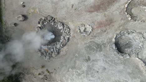furnas in são miguel island with geothermal landscape, drone riser; azores