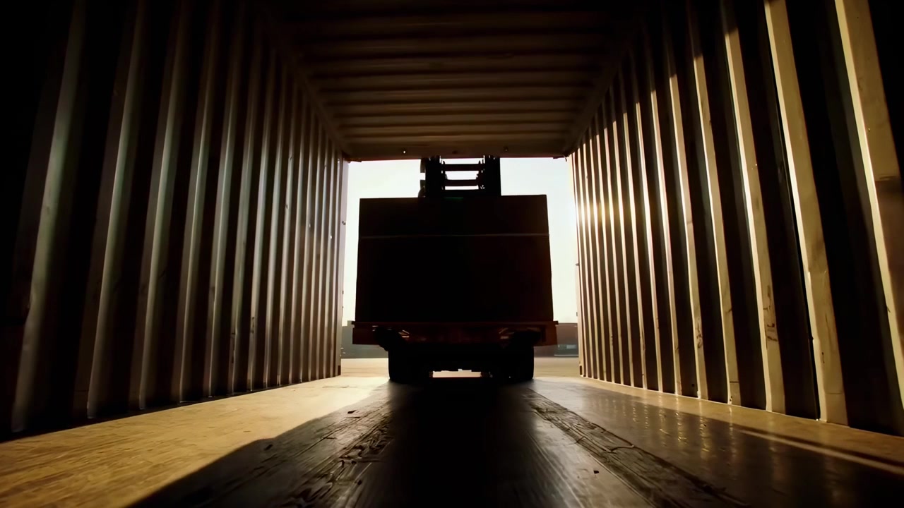 Industrial Forklift Loading Cargo Boxes into Shipping Container