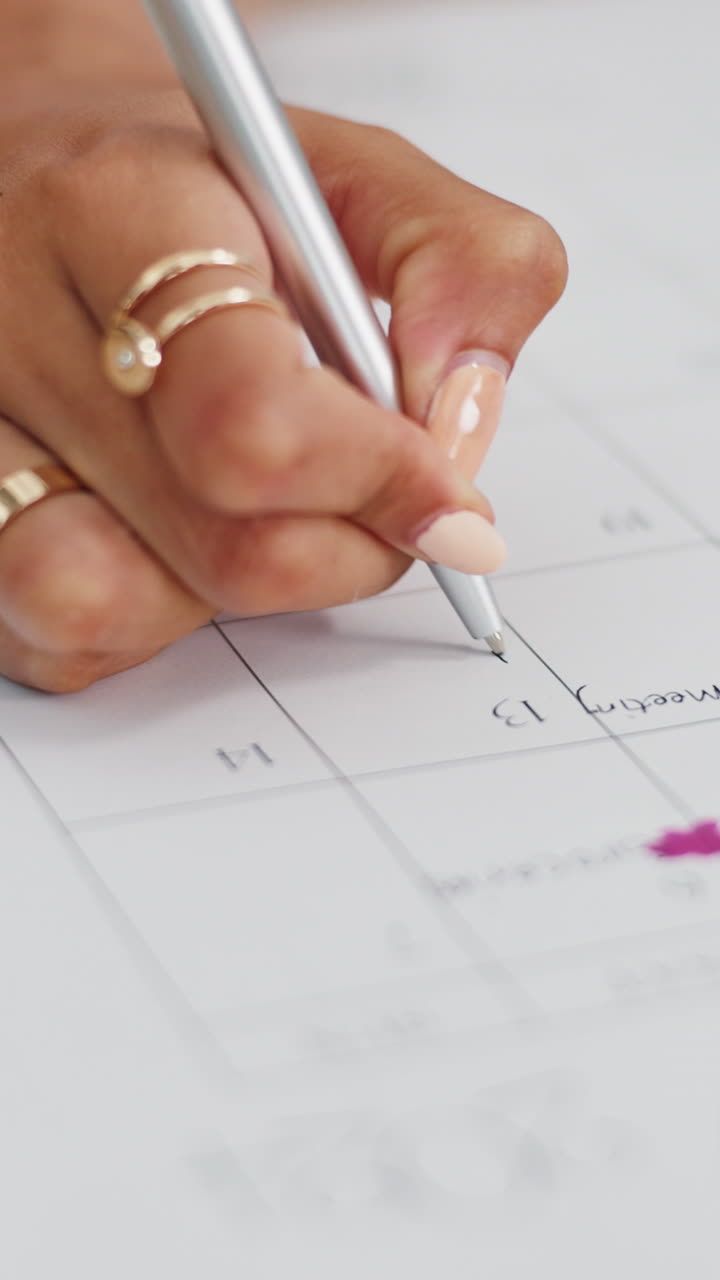 Primo piano di una mano che scrive su un calendario con una penna
