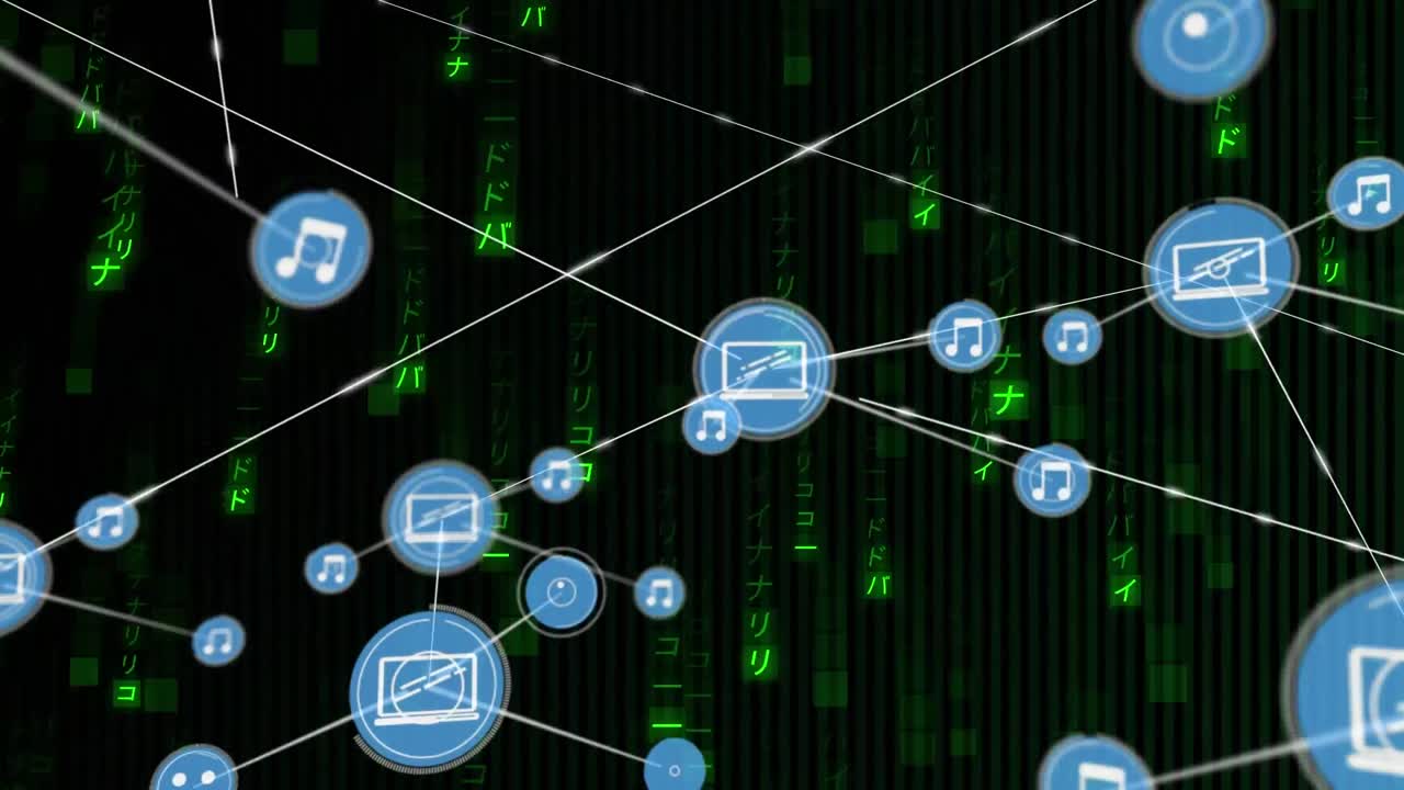 검은색 배경에 데이터 처리에 대한 아이콘으로 연결 네트워크의 애니메이션