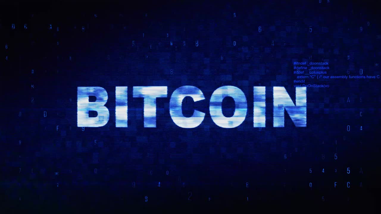 Bitcoin text digital noise twitch and glitch effect tv screen loop animation background login and