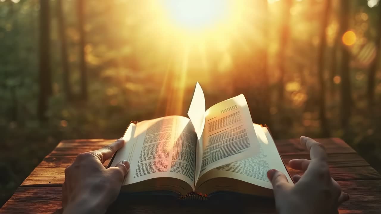 A serene video scene with a first-person view of hands holding an open book, sunlight streaming