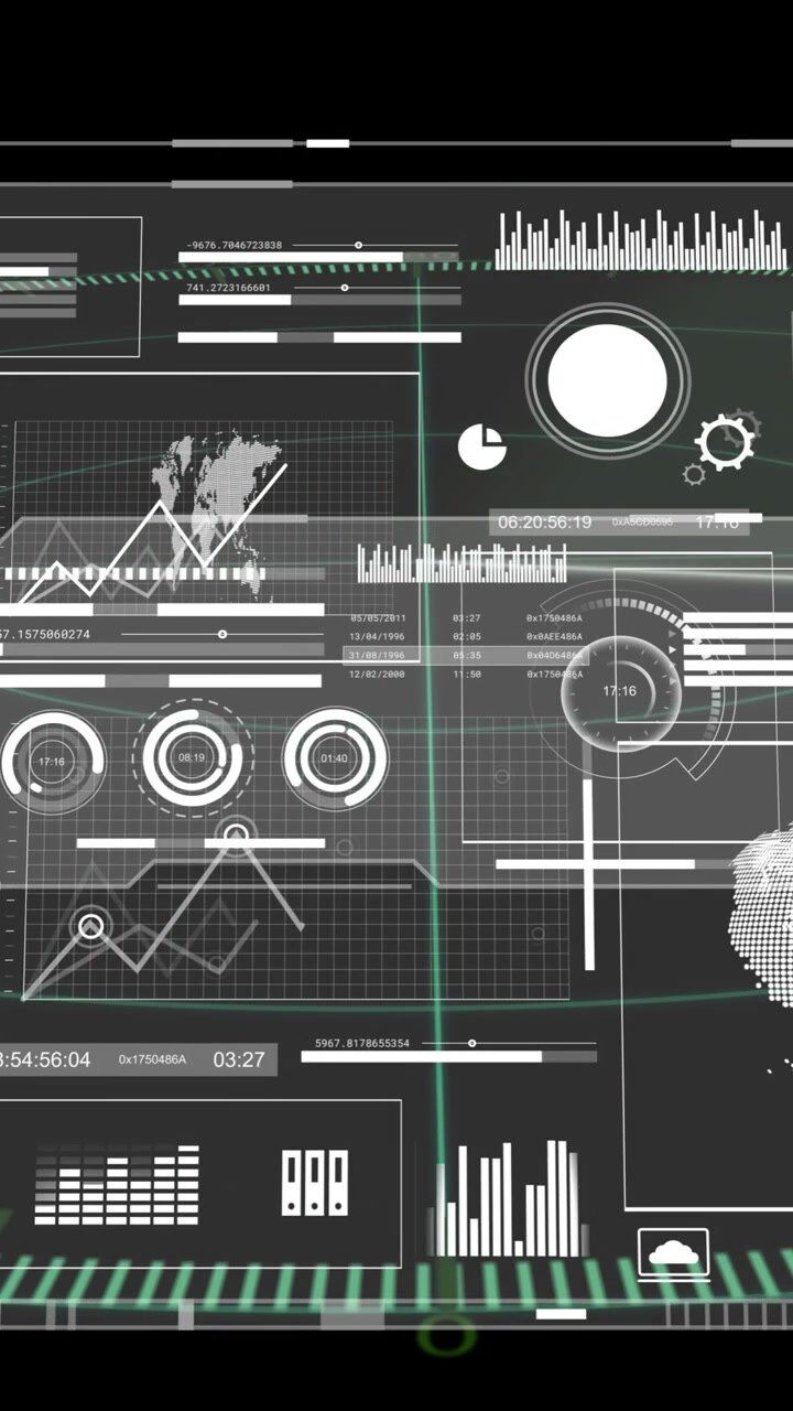Futuristic digital interface displaying graphs, charts, and rotating globe animation