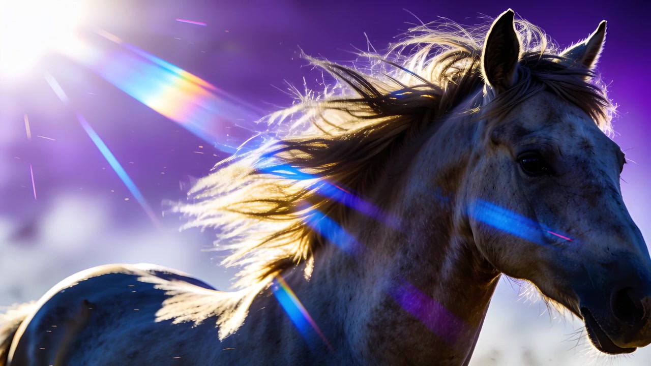 Galloping light cream dappled horse streaming mane across open plain, sun making lens flares