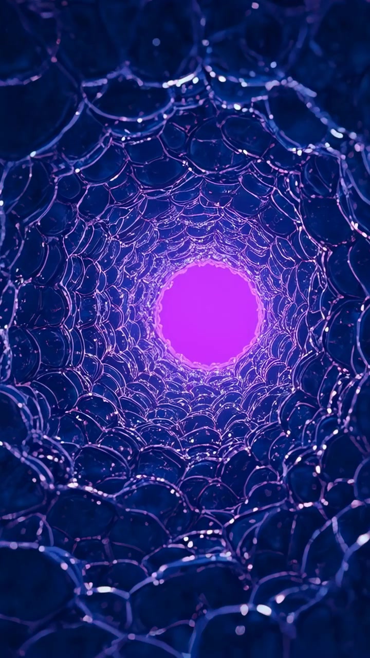 Video verticale: La telecamera si allontana, celle di vetro che si trasformano in un nucleo magenta in CGI per un contrasto centrale.