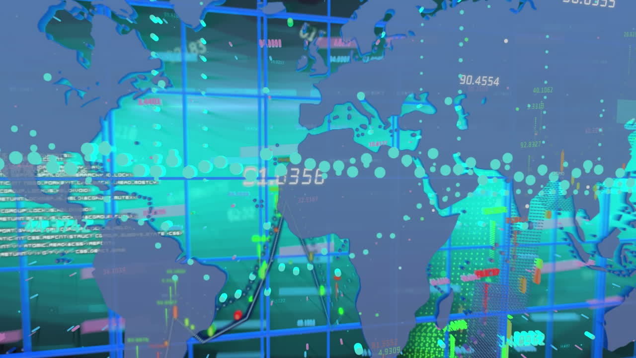 녹색 배경에 세계 지도를 가진 데이터 처리의 애니메이션