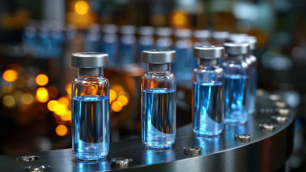 A Glimpse into the World of Pharmaceutical Manufacturing: Close-Up of Clear Vials on a Conveyor Belt, Highlighting the Preparation of Liquid Solutions in a Modern Lab Environment