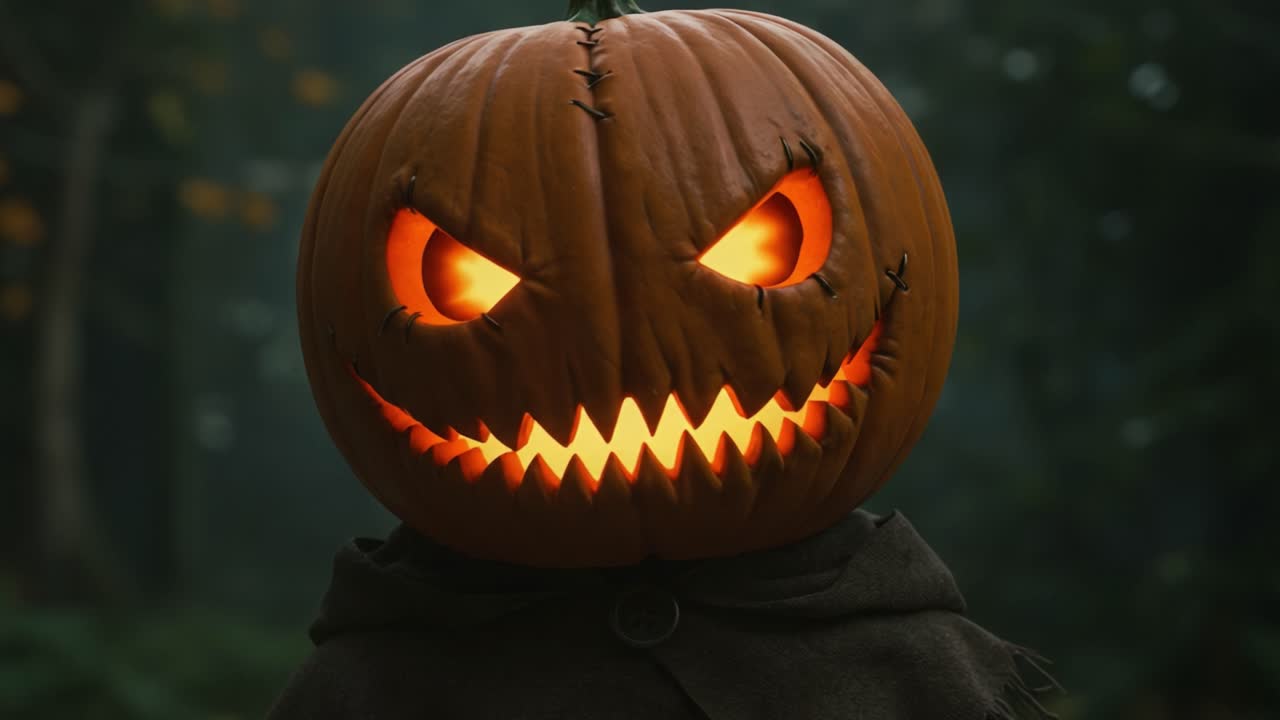 Eerie Jack-o'-Lantern in the Shadows: A Spooky Pumpkin with Menacing Grin Illuminated by Flickering Light, Perfectly Captured in a Dark, Enigmatic Forest Setting