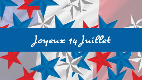 animación de joyeux 14 de julio texto con bandera francesa y estrellas