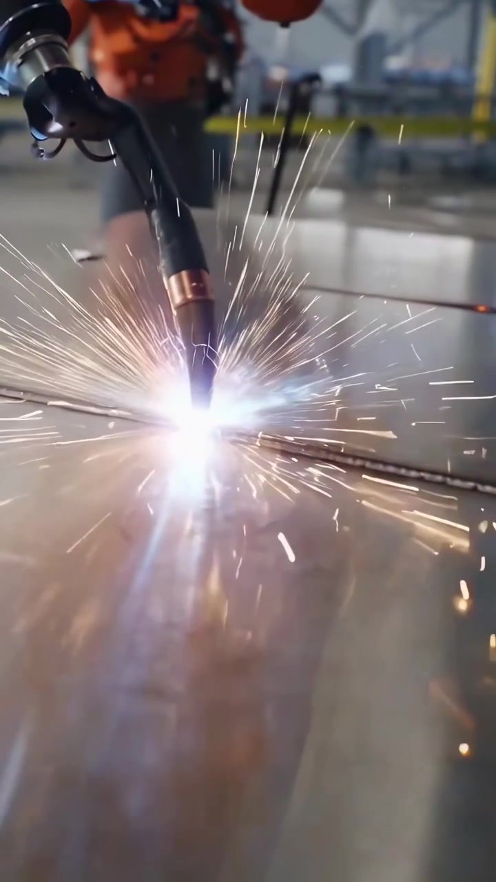 Industrial Robotic Arm Welding Metal Sheets in Factory