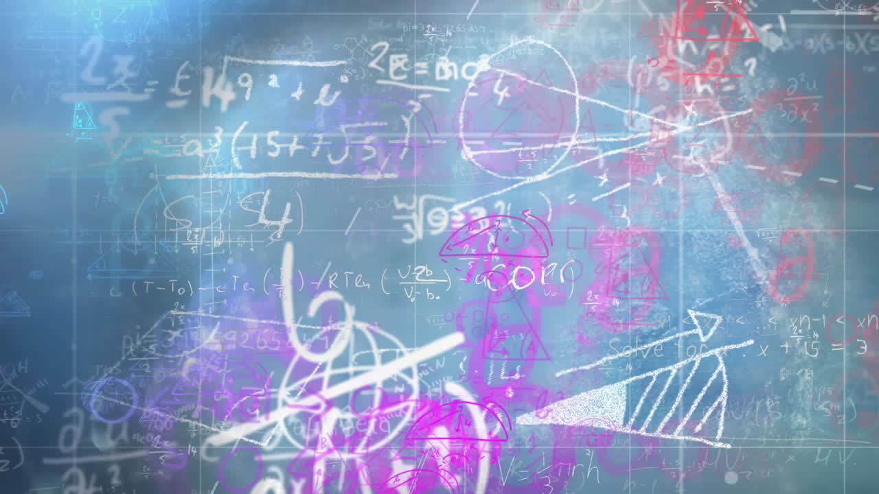 Colorful abstract background with geometric shapes and mathematical equations animation