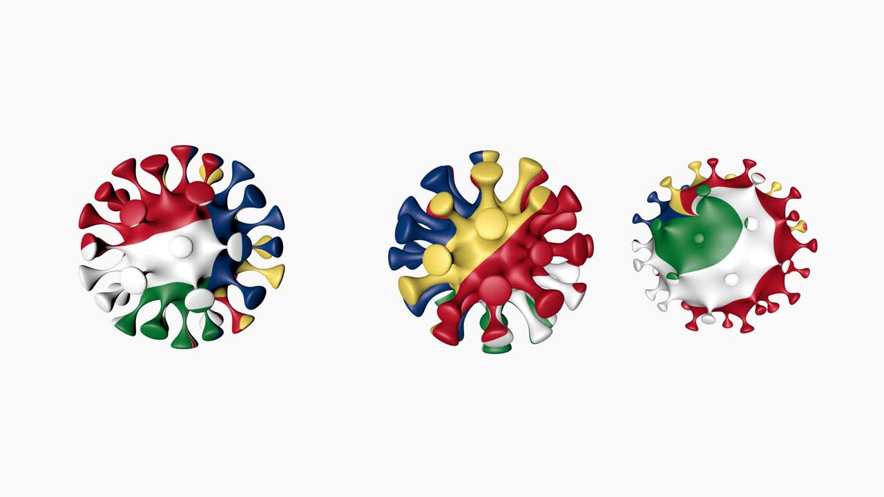 animación 3d coronavirus 2019-ncov de las seychelles. bandera de seychelles en esferas de bola de virus covid19, en fondo blanco. canal alfa