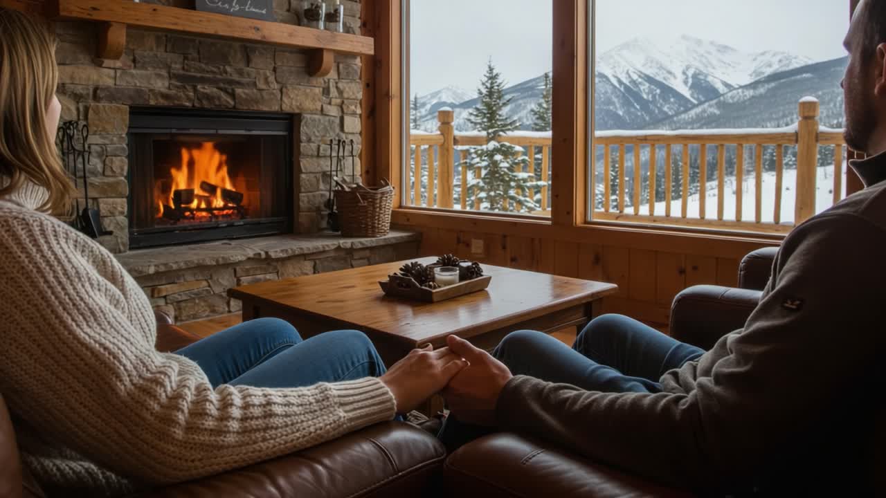 Couple Relaxing by Fireplace with Mountain View in Winter