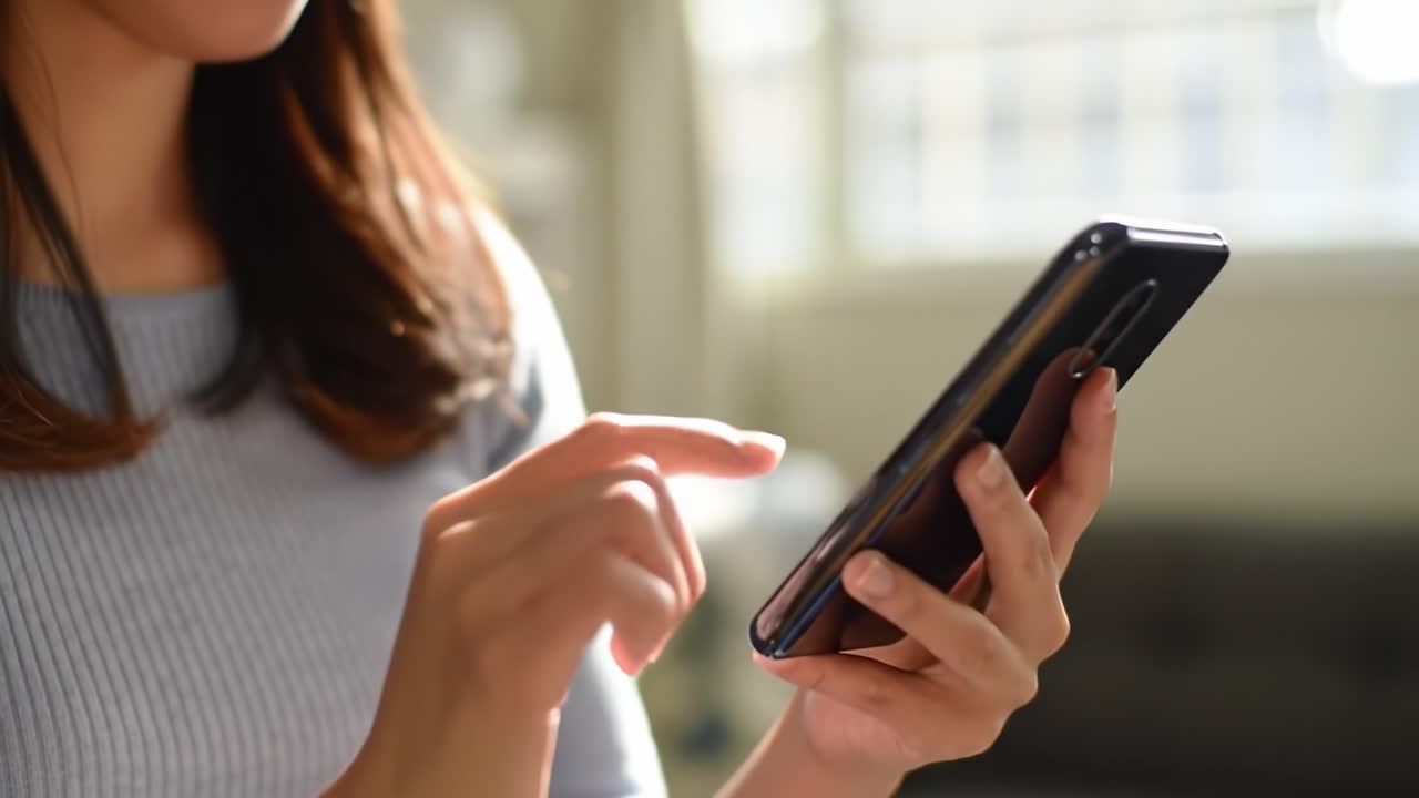 A Young Woman Engaged with Her Smartphone, Capturing the Essence of Modern Connectivity and Digital Interaction in a Softly Lit Environment
