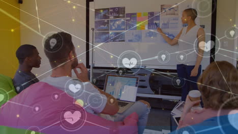 animation of network of connections over diverse businesspeople working in office