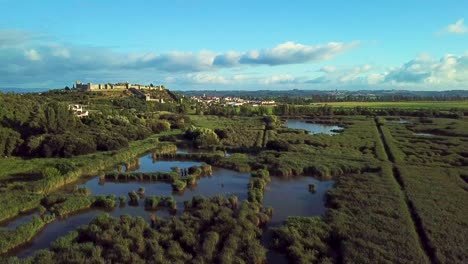 pantano pantanoso lejos de una ciudad con un castillo histórico en su parte superior