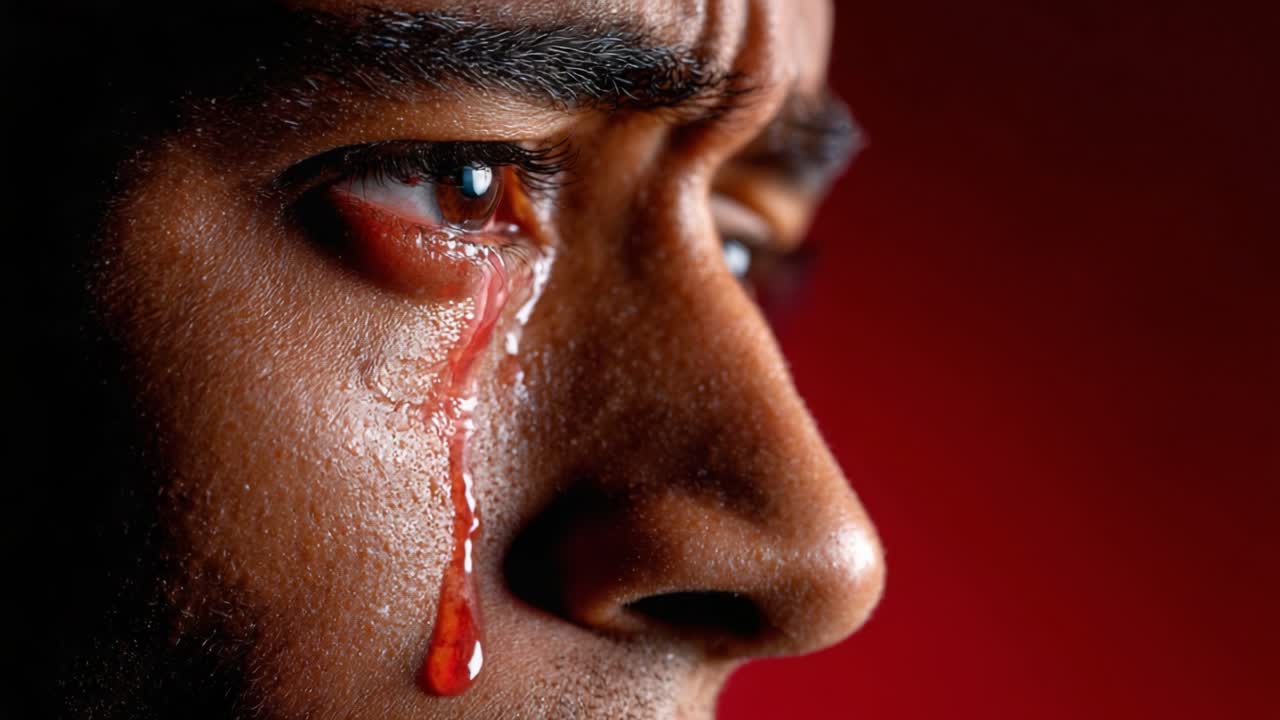 An Intense Close-Up of Emotion: A Man's Tear Streaks Down His Face Against a Dramatic Red Background, Capturing the Depth of Human Experience and Vulnerability