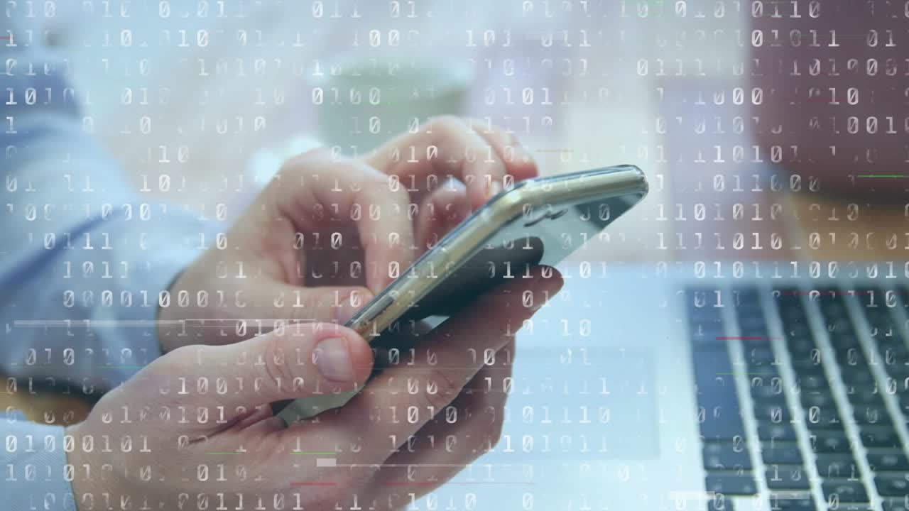 Animation of binary coding data processing over caucasian man using smartphone