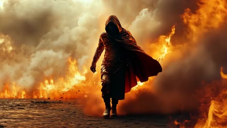 dark figure walks through flames in a dynamic, fiery landscape