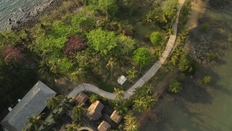 Slow-top-down-aerial-shot-of-palm-trees-and-structures-along-the-coast-of-Koh-Chang,-Thailand