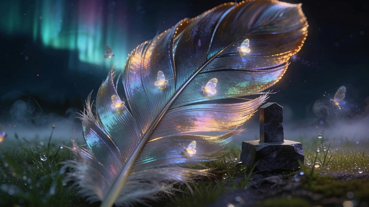 Aurora pulsante, piuma lucente tremolante su un prato notturno, con spiritelli che si posano e volano vicino a un cairn.