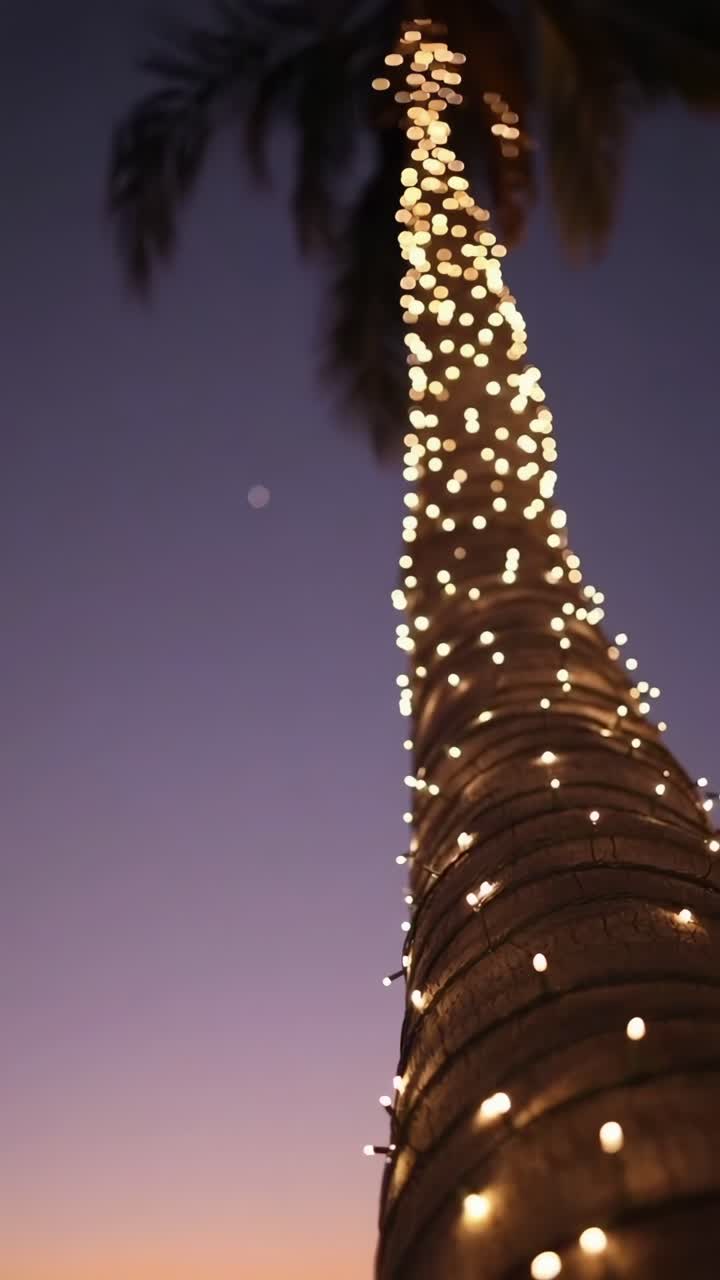 Una ripresa video dal basso di una palma avvolta da luci, sullo sfondo di un cielo crepuscolare
