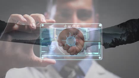 Business people shaking hands over against caucasian male doctor holding futuristic screen