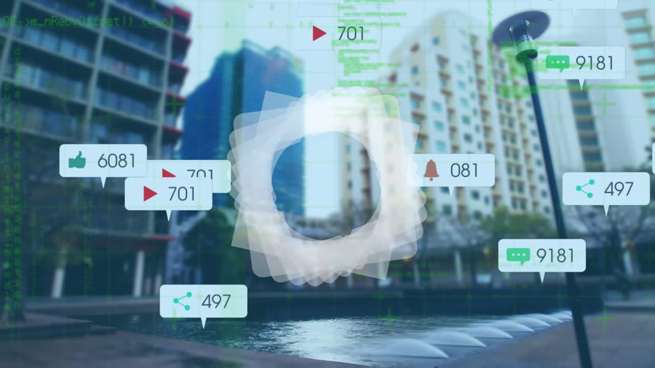 도시 풍경 위의 스 ⁇  스캐닝과 소셜 미디어 연설 거품의 애니메이션