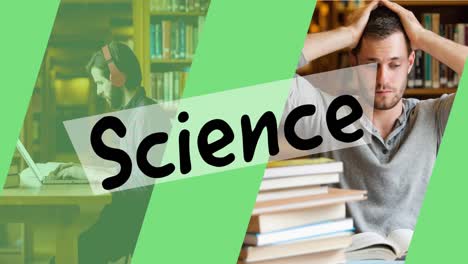 animación del texto de ciencia sobre los estudiantes que aprenden en la biblioteca
